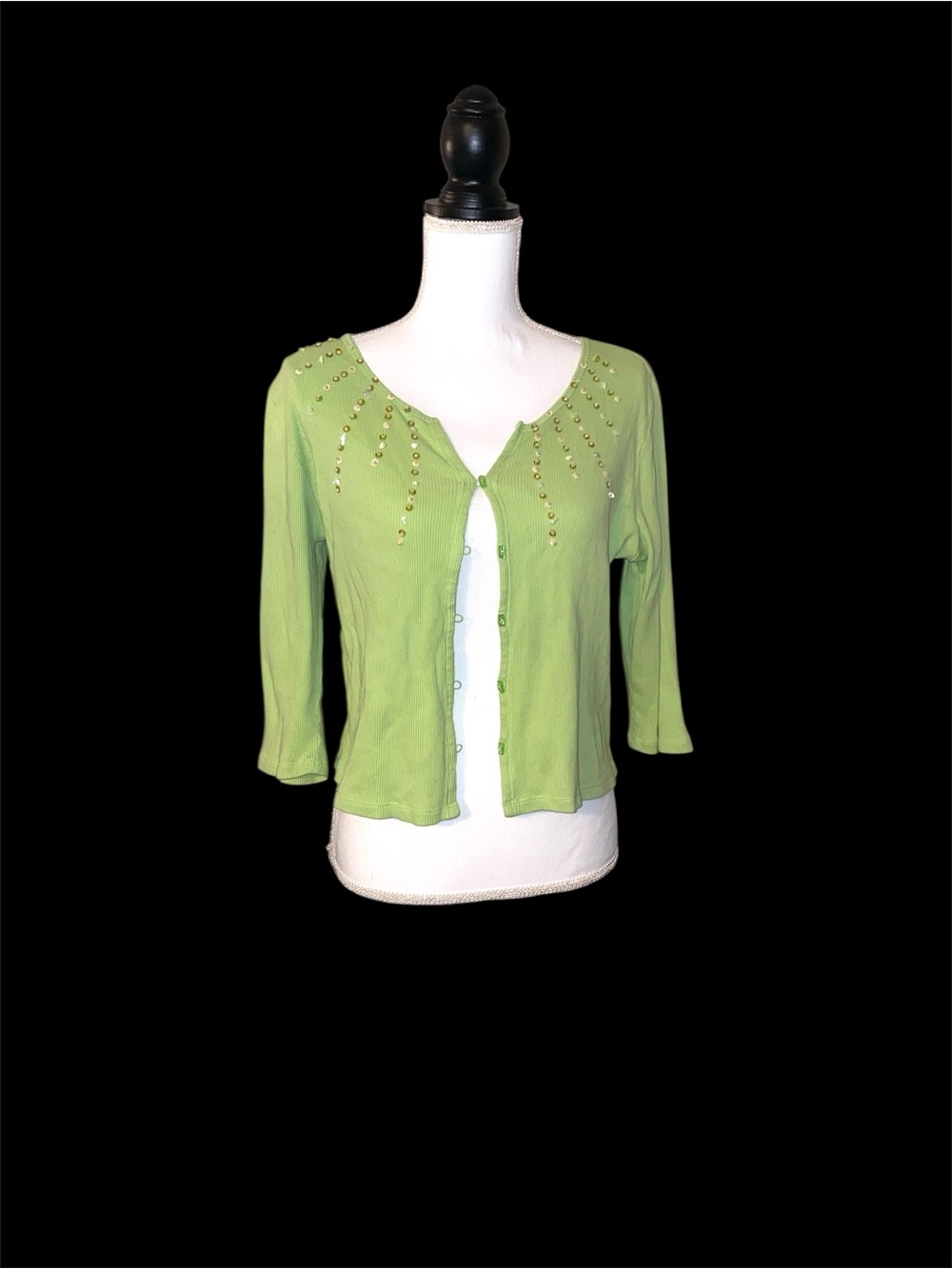 JH Collectibles Shell Beaded Cardigan Green Ribbed Petite Medium